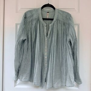 Free People Green & White Striped Button-Up Women's Blouse, Peasant style, Flowy